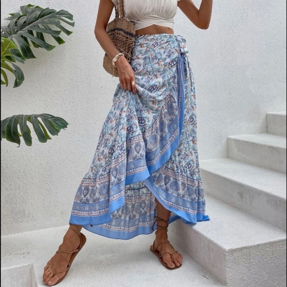 Boho Blue Floral Print Ruffle WRAP Maxi Skirt - Picture 1 of 10